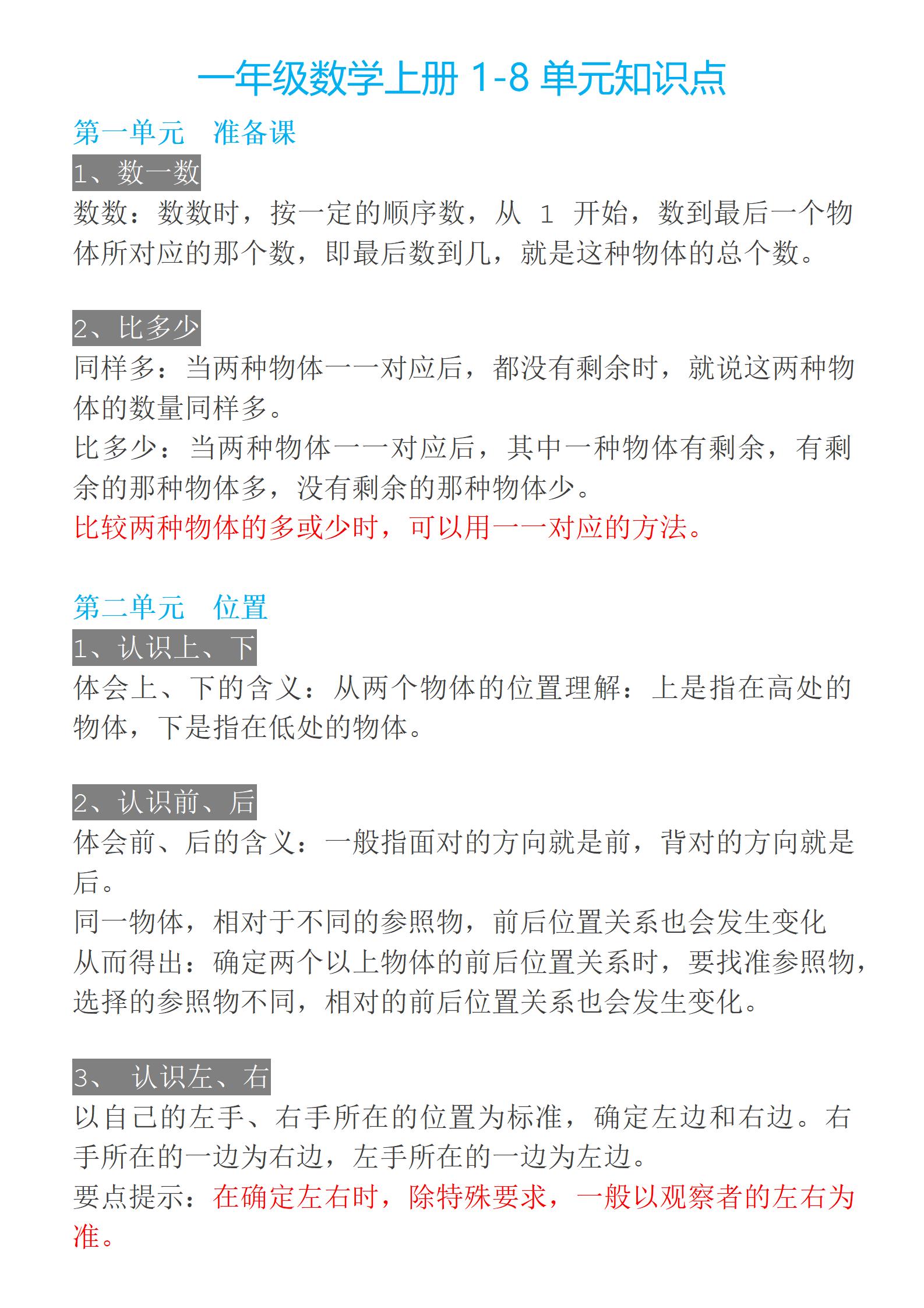 小學(xué)1-5年級(jí)1-9單元數(shù)學(xué)上冊(cè)知識(shí)點(diǎn)